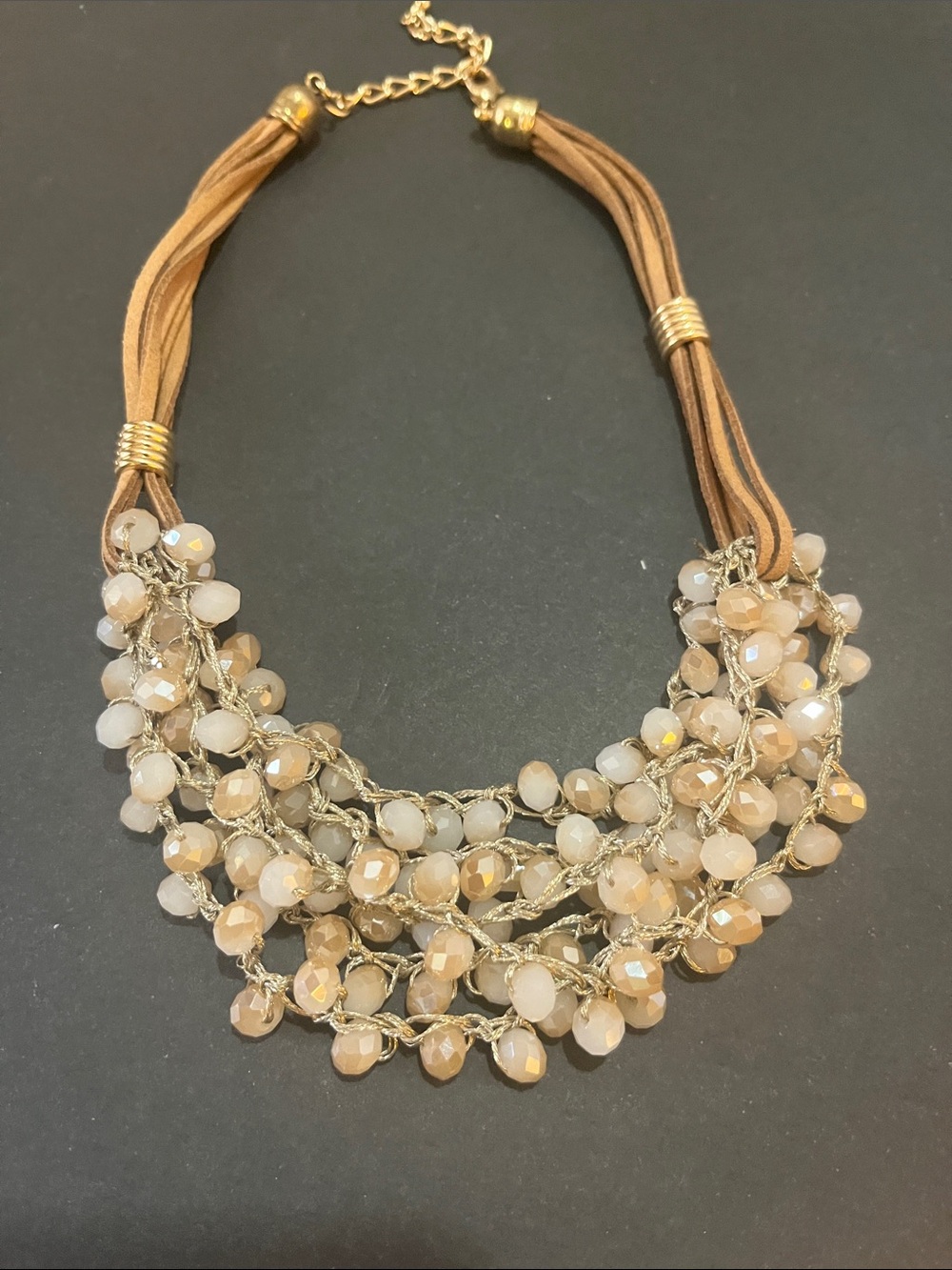 Beaded Multi-Strand Statement Necklace in Beige and Gold